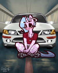 Size: 1240x1555 | Tagged: safe, artist:chiefywiffy, derpibooru import, oc, oc only, oc:chiefy, anthro, unicorn, anthro oc, car, crossed legs, ear piercing, female, horn, mare, piercing, solo