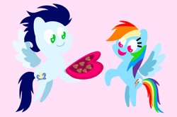 Size: 1935x1285 | Tagged: safe, anonymous artist, derpibooru exclusive, derpibooru import, rainbow dash, soarin', pegasus, pony, series:soarindash relationship, series:soarindash romantic tales, g4, chocolate, cute, dashabetes, female, food, heartwarming, male, mare, pointy ponies, primal, rainbow dash is best pony, shipping, soarinbetes, soarindash, stallion, straight, sweet dreams fuel