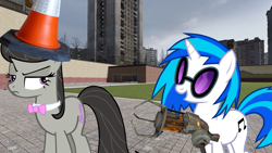 Size: 1920x1080 | Tagged: safe, artist:blitzythepony, artist:epicheavytf2, artist:jaelachan, artist:pyrogaming, derpibooru import, edit, dj pon-3, octavia melody, vinyl scratch, earth pony, pony, unicorn, g4, 3d, gmod, gravity gun, horn, traffic cone, youtube link, youtube thumbnail