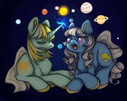 Size: 1280x1024 | Tagged: safe, artist:anyponyrequests, derpibooru import, starbeam, sunbeam, earth pony, unicorn, g1, g3, cute, duo, earth, female, g1betes, g3betes, horn, in awe, jupiter, magic, magic aura, mare, mars, mars (planet), mercury (planet), neptune (planet), planet, saturn, sun, uranus, venus