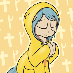 Size: 2212x2212 | Tagged: safe, artist:czaroslaw, derpibooru import, earth pony, pony, abstract background, catholicism, christianity, cross, eyes closed, luce, ponified, praying, raincoat, rosary, solo, species swap