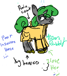 Size: 352x400 | Tagged: safe, artist:arsonrabbit, derpibooru import, oc, oc only, oc:emerald deltas, pony, unicorn, g4, clothes, covered cutie mark, digital art, doodle, eye clipping through hair, female, freckles, gray coat, green eyes, green hair, green mane, green tail, hidden cutie mark, hooves, horn, looking back, male to female, mare, raincoat, signature, simple background, solo, tail, text, trans female, transformation, transgender, transgender oc, transgender transformation, unicorn oc, white background, yellow hooves