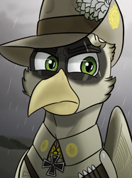 Size: 624x840 | Tagged: safe, artist:notoriousnostalgia, derpibooru import, oc, oc only, oc:nikolaus janaris stahlhertz, griffon, equestria at war mod, beak, bust, clothes, digital art, folded wings, general, german, griffon oc, hat, iron cross, lieutenant colonel, looking to side, looking to the right, male, medal, military, military uniform, new characters for equestria at war, new characters for equestria at war mod, outdoors, portrait, scar, solo, uniform, wings