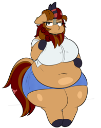 Size: 1882x2392 | Tagged: safe, artist:blitzyflair, derpibooru import, oc, oc only, oc:pixel cache, kirin, belly, belly button, button-up shirt, chubby, clothes, ear piercing, earring, fat, female, hand on belly, hand on breast, jewelry, kirin oc, looking at you, obese, piercing, rule 63, shirt, shorts, simple background, solo, thighs, white background