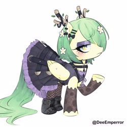 Size: 3150x3150 | Tagged: safe, artist:deeemperor, derpibooru import, fluttershy, pegasus, pony, g4, alternate mane color, antlers, boots, ceres fauna, choker, chokershy, clothes, eyeshadow, female, folded wings, goth, hololive, lace, lidded eyes, looking at you, makeup, mare, ponified, raised hoof, raised leg, shoes, simple background, skirt, solo, species swap, white background, wings