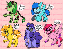 Size: 915x714 | Tagged: safe, artist:kharmacal, derpibooru import, oc, oc only, oc:fried egg, oc:giggly, oc:starry sights, oc:thorny heart, oc:windy chills, earth pony, pegasus, unicorn, :3, :c, >:c, >:d, chest fluff, clothes, ear fluff, ears, frown, group, hooves, horizontal pupils, horn, leonine tail, redesign, scarf, sextet, sparkles, sparkly hooves, tail, two toned hair, unshorn fetlocks, wingding eyes