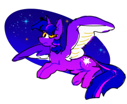 Size: 2048x1682 | Tagged: safe, artist:koidial, derpibooru import, twilight sparkle, twilight sparkle (alicorn), alicorn, pony, g4, alternate cutie mark, alternate design, alternate eye color, bangs, blaze (coat marking), blue mane, blue tail, coat markings, colored sclera, colored wings, colored wingtips, facial markings, female, frown, gradient coat, gradient wings, horn, looking back, lying down, mare, no catchlights, no pupils, partially transparent background, prone, purple coat, red eyes, spread wings, stars, tail, three quarter view, three toned mane, three toned tail, two toned wings, unicorn horn, white wingtips, wings, yellow sclera