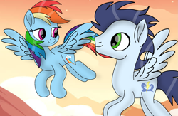 Size: 2139x1395 | Tagged: safe, artist:pinky cloudy, derpibooru import, rainbow dash, soarin', pegasus, pony, g4, female, flying, looking at each other, looking at someone, male, mare, movie accurate, outdoors, shipping, smiling, smiling at each other, soarindash, stallion, straight