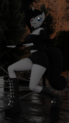 Size: 1080x1920 | Tagged: safe, artist:ironsidianmemories, derpibooru import, oc, oc only, oc:viktoriakainmoralis, anthro, unicorn, 3d, anthro oc, black clothes, blender, boots, clothes, crouching, curious, forest, heterochromia, horn, legs, looking at you, mud, nature, night, shirt, shoes, shorts, solo, swamp, tree