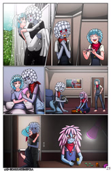 Size: 3184x4876 | Tagged: safe, artist:artemis-polara, derpibooru import, cozy glow, oc, oc:smokestack, oc:steam puff, human, equestria girls, g4, barefoot, blushing, canon x oc, clothes, comic, commission, cozypuff, dress, feet, glasses, marriage, offspring, overalls, parent:cozy glow, parent:oc:steam puff, parents:canon x oc, pregnancy test, pregnant, shipping, toy, train, wedding, wedding dress