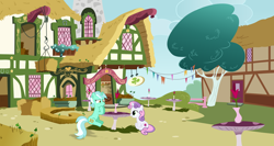 Size: 2032x1080 | Tagged: artist needed, safe, anonymous artist, artist:gwennie-chan, artist:konylice, artist:timidtremors, derpibooru import, lyra heartstrings, sweetie belle, pony, unicorn, g4, cafe, crack shipping, cute, date, dialogue in the description, diasweetes, duo, female, filly, foal, hooves on the table, horn, lesbian, looking at each other, looking at someone, lyrabetes, mare, outdoors, ship:lyrabelle, shipping, smiling, smiling at each other