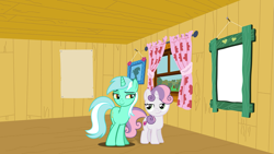 Size: 1599x902 | Tagged: artist needed, safe, anonymous artist, artist:dashiesparkle, artist:davidsfire, artist:mandydax, derpibooru import, lyra heartstrings, sweetie belle, pony, unicorn, g4, clubhouse, crack shipping, crusaders clubhouse, cute, dialogue in the description, diasweetes, duo, female, filly, foal, horn, indoors, lesbian, lidded eyes, looking at each other, looking at someone, lyrabetes, mare, ship:lyrabelle, shipping, smiling, smiling at each other