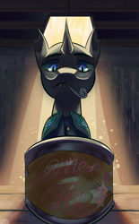 Size: 1214x1956 | Tagged: safe, artist:fly over, derpibooru import, oc, oc:lunason, changeling, equestria at war mod, canned food, changeling oc, male, party horn, tin can