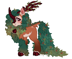 Size: 1216x1000 | Tagged: oc name needed, safe, artist:kazmuun, derpibooru import, oc, oc only, hybrid, kirin, antlers, bald face, berries in hair, berries in tail, blaze (coat marking), brown coat, brown eyes, bushy mane, bushy tail, chibi, cloven hooves, coat markings, colored, colored antlers, colored belly, colored ears, colored fetlocks, colored hooves, colored lineart, colored pinnae, commission, deer hybrid, eyelashes, facial markings, female, female oc, flat colors, fluffy mane, fluffy tail, gradient fetlocks, gradient legs, gradient mane, green mane, green tail, hoof on chest, hooves, horn, hybrid oc, kirin horn, kirin hybrid, kirin oc, ko-fi reward, leonine tail, long mane, long tail, looking back, pale belly, profile, red hooves, shiny hooves, signature, simple background, smiling, snip (coat marking), solo, sparkles, sparkly eyes, spots, standing, striped antlers, tail, tail fluff, tail markings, transparent background, white pupils, wingding eyes