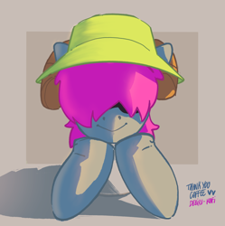 Size: 1892x1900 | Tagged: safe, artist:debiru, derpibooru import, oc, oc:bliss, oc:puffy bliss, :p, album cover, bucket hat, bust, clothes, cute, freckles, gift art, goat horns, hair over eyes, hat, holding head, horns, king gizzard & the lizard wizard, portrait, scarf, shading, simple background, sunglasses, tongue, tongue out