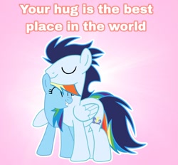 Size: 1502x1395 | Tagged: safe, artist:soarindasher10, derpibooru import, edit, rainbow dash, soarin', pegasus, pony, g4, anonymous editor, cute, dashabetes, female, heartwarming, hug, male, mare, primal, rainbow dash is best pony, romantic, shipping, smiling, soarinbetes, soarindash, stallion, straight, sweet dreams fuel, text