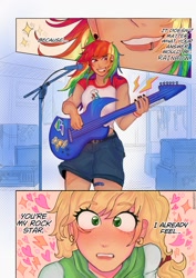 Size: 1125x1591 | Tagged: safe, artist:ssuminv, derpibooru import, applejack, rainbow dash, human, g4, appledash, blushing, clothes, cutie mark on clothes, ear piercing, earring, female, freckles, guitar, humanized, jewelry, lesbian, lip piercing, multicolored hair, musical instrument, piercing, rainbow hair, shipping