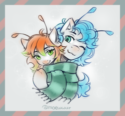 Size: 1500x1400 | Tagged: safe, artist:moewwur, artist:rin-mandarin, derpibooru import, oc, oc only, oc:syrok, pony, :3, antennae, blushing, clothes, comforting, curly hair, curly mane, cute, daaaaaaaaaaaw, female, green eyes, hug, looking at each other, looking at someone, male, mare, new year, one eye closed, postcard, scarf, snuggling, stallion, tendrils, wink