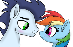 Size: 2139x1395 | Tagged: safe, artist:pinky cloudy, derpibooru import, rainbow dash, soarin', pegasus, pony, g4, blushing, female, looking at each other, looking at someone, male, mare, shipping, smiling, smiling at each other, soarindash, stallion, straight