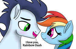 Size: 2139x1395 | Tagged: safe, artist:pinky cloudy, derpibooru import, rainbow dash, soarin', pegasus, pony, g4, blushing, female, i love you, looking at each other, looking at someone, male, mare, shipping, smiling, smiling at each other, soarindash, stallion, straight