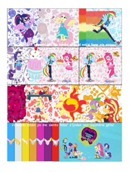 Size: 1117x1490 | Tagged: safe, artist:anacronobata, derpibooru import, applejack, fluttershy, pinkie pie, rainbow dash, rarity, sci-twi, spike, spike the regular dog, sunset shimmer, twilight sparkle, dog, human, equestria girls, g4, clothes, denim, denim skirt, fluttershy boho dress, geodes, holding a dog, holding a spike, humane five, humane seven, humane six, male, raglan shirt, rah rah skirt, rarity peplum dress, skirt, the rainbooms, theme song