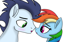 Size: 2139x1395 | Tagged: safe, artist:pinky cloudy, derpibooru import, rainbow dash, soarin', pegasus, pony, g4, blushing, female, looking at each other, looking at someone, male, mare, now kiss, shipping, soarindash, stallion, straight