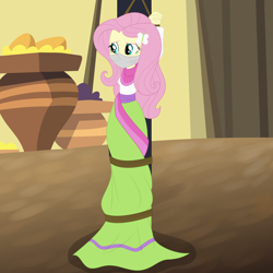 Size: 3000x3000 | Tagged: safe, artist:nie-martw-sie-o-mnie, derpibooru import, fluttershy, human, equestria girls, g4, movie magic, arms in the air, bondage, bound and gagged, butterfly hairpin, cloth gag, clothes, dress, equestria girls specials, female, femsub, fluttersub, gag, india movie set, over the nose gag, pole tied, rope, rope bondage, solo, submissive