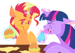 Size: 2843x1986 | Tagged: safe, artist:jellynut, derpibooru import, sunset shimmer, twilight sparkle, twilight sparkle (alicorn), alicorn, pony, unicorn, g4, burger, duo, duo female, ears, eating, eyes closed, female, floppy ears, food, glowing, glowing horn, hay burger, horn, levitation, magic, magic aura, mare, messy eating, smiling, telekinesis, twilight burgkle