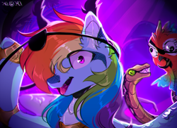 Size: 1690x1229 | Tagged: safe, artist:hakkerman, derpibooru import, rainbow dash, bird, parrot, pegasus, pony, snake, g4, bust, eyepatch, female, insanity, mare, open mouth, pirate, portrait, signature, solo