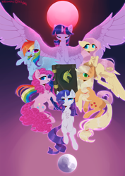 Size: 3508x4961 | Tagged: safe, artist:hakkerman, derpibooru import, applejack, fluttershy, pinkie pie, rainbow dash, rarity, twilight sparkle, twilight sparkle (alicorn), alicorn, earth pony, pegasus, pony, unicorn, g4, applejack's hat, book, book of harmony, chest fluff, clothes, cowboy hat, ear fluff, ears, eyes closed, female, group, group shot, hat, horn, large wings, mane six, mare, moon, open mouth, open smile, sextet, signature, simple background, smiling, spread wings, sun, wings