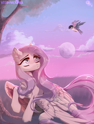 Size: 1100x1450 | Tagged: safe, artist:hakkerman, derpibooru import, fluttershy, bird, pegasus, pony, g4, female, full moon, grass, head turn, looking at something, looking up, mare, moon, outdoors, raised hoof, raised leg, sitting, solo, spread wings, three quarter view, tit (bird), tree, wings, wings down