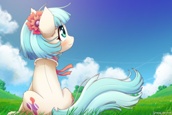 Size: 2400x1600 | Tagged: safe, artist:symbianl, derpibooru import, coco pommel, earth pony, pony, g4, beautiful, blushing, both cutie marks, cloud, cocobetes, cute, female, flower, grass, looking up, mare, outdoors, scenery, sitting, sky, smiling, solo, tail, windswept mane, windswept tail