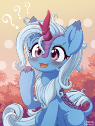 Size: 1500x2000 | Tagged: safe, artist:symbianl, derpibooru import, trixie, kirin, g4, 2020, :3, blushing, cloven hooves, confused, cute, cute little fangs, diatrixes, ear fluff, ears, fangs, female, fluffy, hoof fluff, horn, kirin trixie, kirin-ified, leg fluff, looking at you, mare, old art, open mouth, open smile, sitting, smiling, smiling at you, solo, species swap