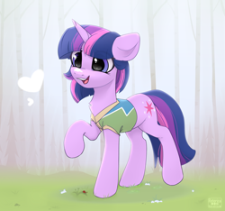 Size: 2462x2304 | Tagged: safe, artist:radioaxi, derpibooru import, twilight sparkle, unicorn twilight, insect, ladybug, pony, unicorn, g4, winter wrap up, 2021, bipedal, chest fluff, clothes, cute, female, grass, heart, high res, horn, mare, my little pony: friendship is magic, old art, open mouth, open smile, raised hoof, raised leg, shirt, smiling, solo, tree, twiabetes, winter wrap up vest