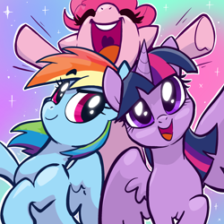 Size: 2048x2048 | Tagged: safe, artist:pfeffaroo, derpibooru import, pinkie pie, rainbow dash, twilight sparkle, twilight sparkle (alicorn), alicorn, earth pony, pegasus, pony, g4, cute, dashabetes, diapinkes, eyes closed, female, gradient background, high res, horn, mare, open mouth, open smile, purple eyes, smiling, sparkles, trio, trio female, twiabetes, uvula, wings