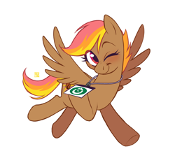 Size: 2048x1911 | Tagged: safe, artist:jellynut, derpibooru import, oc, oc only, oc:mocha sunrise, pegasus, pony, female, looking at you, mare, one eye closed, pegasus oc, simple background, smiling, smiling at you, solo, spread wings, white background, wings, wink, winking at you