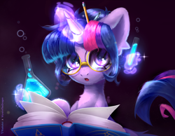 Size: 4500x3500 | Tagged: safe, artist:radioaxi, artist:wyvernthedragon, derpibooru import, twilight sparkle, twilight sparkle (alicorn), alicorn, pony, collaboration, g4, :o, book, cute, erlenmeyer flask, female, flask, glasses, glowing, glowing horn, hair bun, high res, horn, levitation, looking at you, magic, magic aura, mare, open mouth, pen, pencil, potion, round glasses, science, solo, telekinesis, test tube, twiabetes