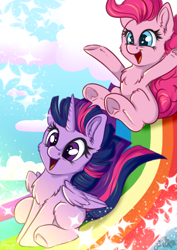 Size: 2894x4093 | Tagged: safe, artist:julunis14, derpibooru import, pinkie pie, twilight sparkle, twilight sparkle (alicorn), alicorn, earth pony, pony, g4, blank flank, chest fluff, cute, diapinkes, digital art, duo, duo female, female, filly, foal, folded wings, heart, hoof heart, horn, mare, open mouth, open smile, rainbow, slide, smiling, sparkles, sweet dreams fuel, twiabetes, underhoof, wings, younger