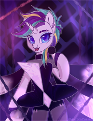 Size: 2160x2794 | Tagged: safe, artist:auroracursed, derpibooru import, rarity, semi-anthro, unicorn, g4, alternate hairstyle, arm hooves, chains, choker, clothes, deviantart watermark, dress, ear piercing, female, fishnet clothing, horn, looking at you, mare, microphone, obtrusive watermark, open mouth, piercing, punk, raised hoof, raised leg, raripunk, solo, tongue piercing, watermark