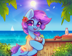 Size: 4000x3100 | Tagged: safe, artist:radioaxi, derpibooru import, oc, oc only, oc:nohra, crab, earth pony, pony, beach, coconut cup, commission, crepuscular rays, earth pony oc, eyebrows, eyebrows visible through hair, female, flower, flower in hair, high res, hoof hold, looking at you, mare, ocean, open mouth, open smile, outdoors, sky, smiling, smiling at you, solo, summer, sun, water, watermark, ych result