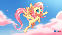 Size: 3840x2160 | Tagged: safe, artist:duderedblue, artist:mineiwi, derpibooru import, fluttershy, pegasus, pony, collaboration, g4, 4k, cloud, eyelashes, female, flying, high res, mare, open mouth, open smile, outdoors, signature, sky, smiling, solo, spread wings, wings