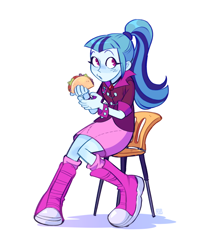 Size: 1760x2048 | Tagged: safe, artist:jellynut, derpibooru import, sonata dusk, human, equestria girls, g4, boots, chair, clothes, eating, female, food, shoes, simple background, sitting, solo, sonataco, taco, white background