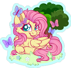 Size: 2237x2150 | Tagged: safe, artist:thehaywaiianhorse, derpibooru import, fluttershy, butterfly, pegasus, pony, g4, chibi, cute, deviantart watermark, female, folded wings, looking at you, lying down, mare, obtrusive watermark, prone, shyabetes, smiling, smiling at you, solo, starry eyes, watermark, wingding eyes, wings