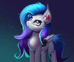 Size: 1479x1245 | Tagged: safe, artist:wyvernthedragon, derpibooru import, oc, oc only, oc:angara, hybrid, pegabat, pony, decoration, female, folded wings, gradient background, heterochromia, mare, red star, solo, wings