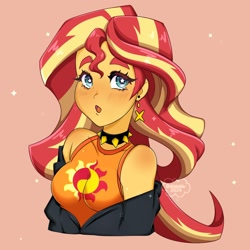 Size: 2000x2000 | Tagged: safe, artist:lekittyvt, artist:octacats, derpibooru import, sunset shimmer, human, g4, blue eyes, blushing, breasts, bust, choker, clothes, ear piercing, earring, female, jacket, jewelry, open clothes, open jacket, open mouth, orange background, piercing, simple background, sleeveless, solo, spiked choker, starry eyes, sunset jiggler, tanktop, two toned hair, wingding eyes