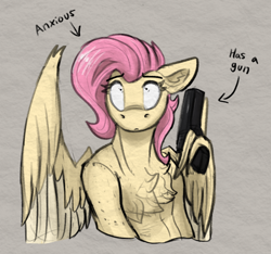 Size: 640x599 | Tagged: safe, artist:reddthebat, derpibooru import, fluttershy, pegasus, pony, semi-anthro, g4, alternate hairstyle, anxious, arrow, belly, belly button, chest fluff, ear fluff, ears, female, floppy ears, gun, gunshy, handgun, looking up, mare, no trigger discipline, pinpoint eyes, pistol, short mane, simple background, solo, text, this will end in death, this will end in tears, this will end in tears and/or death, weapon, wing hands, wing hold, wings