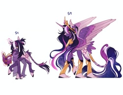 Size: 1620x1246 | Tagged: safe, artist:anemonaii, derpibooru import, part of a set, princess twilight 2.0, twilight sparkle, twilight sparkle (alicorn), unicorn twilight, alicorn, pony, unicorn, g4, season 1, season 9, alternate color palette, alternate cutie mark, alternate design, alternate eye color, alternate hairstyle, alternate mane color, alternate tail color, alternate tailstyle, big crown thingy 2.0, bipedal, black hooves, blaze (coat marking), book, bracer, clothes, coat markings, colored belly, colored ear fluff, colored eartips, colored hooves, colored pinnae, colored pupils, colored sclera, colored wings, colored wingtips, concave belly, crown, curved horn, cute, ear fluff, ears, ethereal mane, eye markings, facial markings, feathered wings, female, fetlock tuft, fins, flowing mane, flowing tail, frown, galaxy mane, galaxy tail, glasses, glowing, glowing horn, golden eyes, gradient wings, hair bun, hair over one eye, hooves, horn, immortality blues, impossibly long mane, impossibly long tail, jewelry, leg markings, leonine tail, long horn, long mane, long tail, looking at someone, magic, mare, my little pony: friendship is magic, older, older twilight, older twilight sparkle (alicorn), one ear down, open mouth, orange eyes, orange pupils, peytral, purple coat, purple magic, purple mane, purple scales, purple scarf, purple tail, purple wingtips, raised hoof, raised leg, redesign, regalia, scarf, serious, serious face, shaggy mane, signature, simple background, slender, socks (coat marking), solo, sparkles, spiky mane, spread wings, standing, standing on one leg, starry mane, starry tail, striped horn, striped tail, tail, tail fluff, tail markings, thin, three quarter view, three toned mane, three toned tail, tied mane, twiabetes, two toned wings, unicorn horn, watermark, wavy mane, wavy tail, white background, wing markings, wingless spike, wings