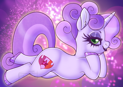 Size: 2769x1956 | Tagged: safe, artist:asterisq, derpibooru import, sweetie belle, pony, unicorn, g4, abstract background, alternate hairstyle, anatomically incorrect, eyeshadow, female, hoof on chin, hoof polish, horn, incorrect leg anatomy, lidded eyes, lip gloss, looking at you, lying down, makeup, mare, older, older sweetie belle, profile, prone, smiling, smiling at you, solo, sploot