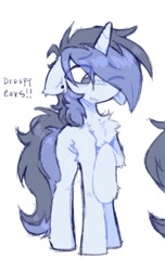 Size: 656x1079 | Tagged: safe, artist:flixanoa, derpibooru import, oc, oc only, oc:fef, pony, unicorn, bags under eyes, big eyes, blue coat, blue mane, blue tail, chest fluff, ear fluff, ear piercing, ear tufts, ears, floppy ears, fluffy mane, fluffy tail, frown, gauges, gray eyes, hair over one eye, hock fluff, horn, leg fluff, light blue coat, long tail, looking down, missing cutie mark, one eye closed, piercing, ponysona, raised hoof, raised leg, shaggy mane, shaggy tail, shiny mane, shiny tail, simple background, slender, solo, tail, thin, two toned mane, two toned tail, unicorn horn, unicorn oc, wavy mouth, white background