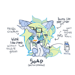 Size: 851x851 | Tagged: safe, artist:cutesykill, derpibooru import, oc, oc only, oc:soap (cutesykill), pony, unicorn, band-aid, band-aid on nose, beanbrows, big ears, big eyes, big head, big mane, blue eyelashes, blue eyes, blue pupils, chibi, colored eyebrows, colored eyelashes, colored pinnae, crooked horn, cyan eyelashes, ear piercing, earring, ears, eyebrows, eyelashes, fetlock tuft, glasses, glasses on head, green mane, green tail, hair bun, hairclip, horn, jewelry, latin, leg fluff, long horn, milk, milk carton, narrowed eyes, no mouth, nordic, nose piercing, nose ring, piercing, septum piercing, simple background, sitting, slit eyes, solo, spiky mane, spiky tail, square glasses, tail, text, thick eyelashes, three quarter view, tied mane, unamused, unicorn horn, unicorn oc, white background, white coat